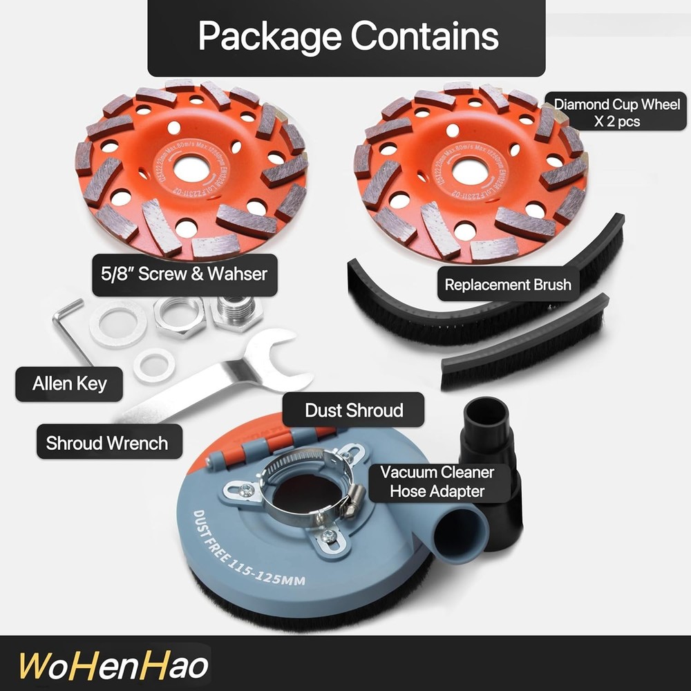 Professional Surface Grinding Shroud Kit with Diamond Wheels & Replacement Brush