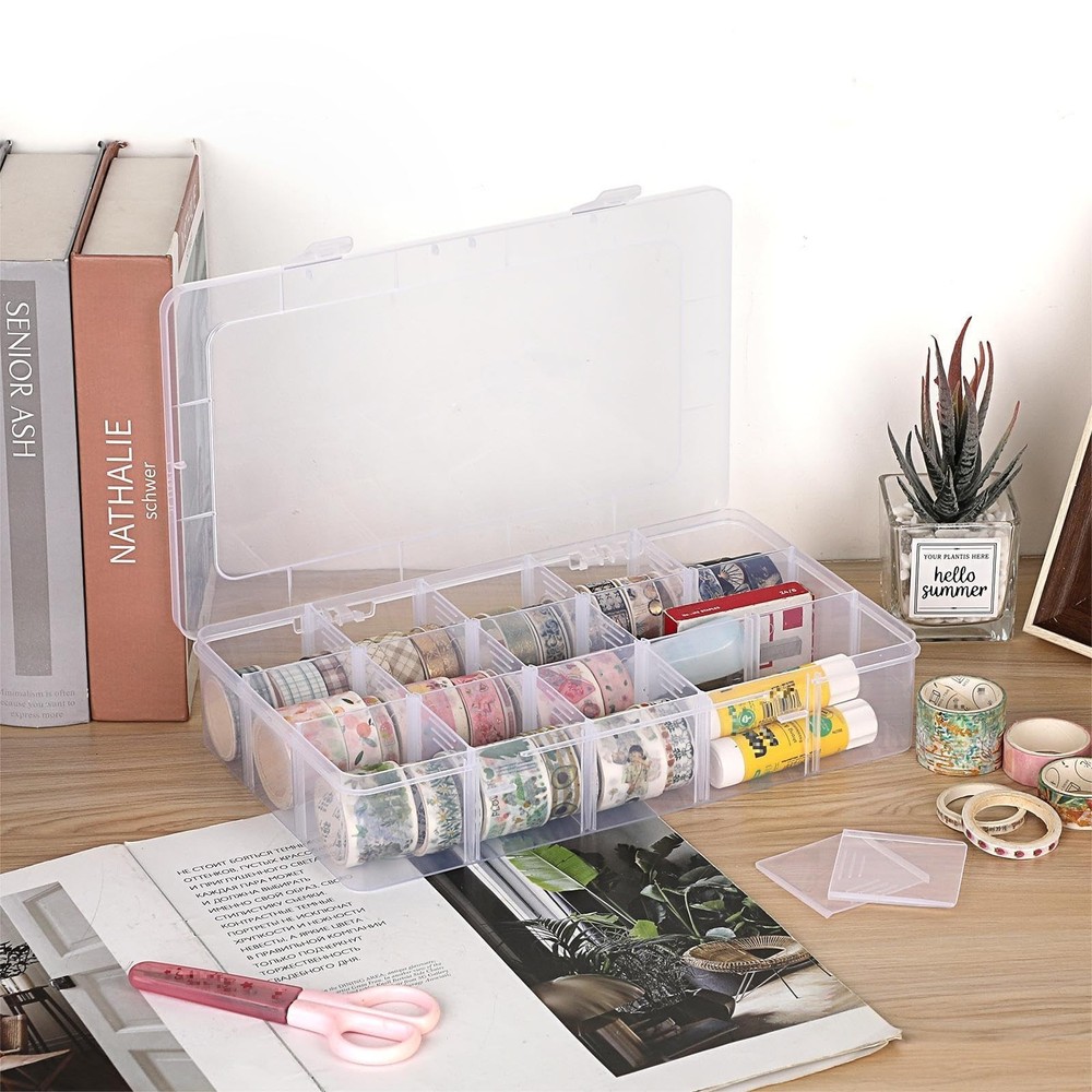 BTSKY 2 PCS Plastic Washi Tape Organizer, Adjustable 15-Grid Compartment Wash...