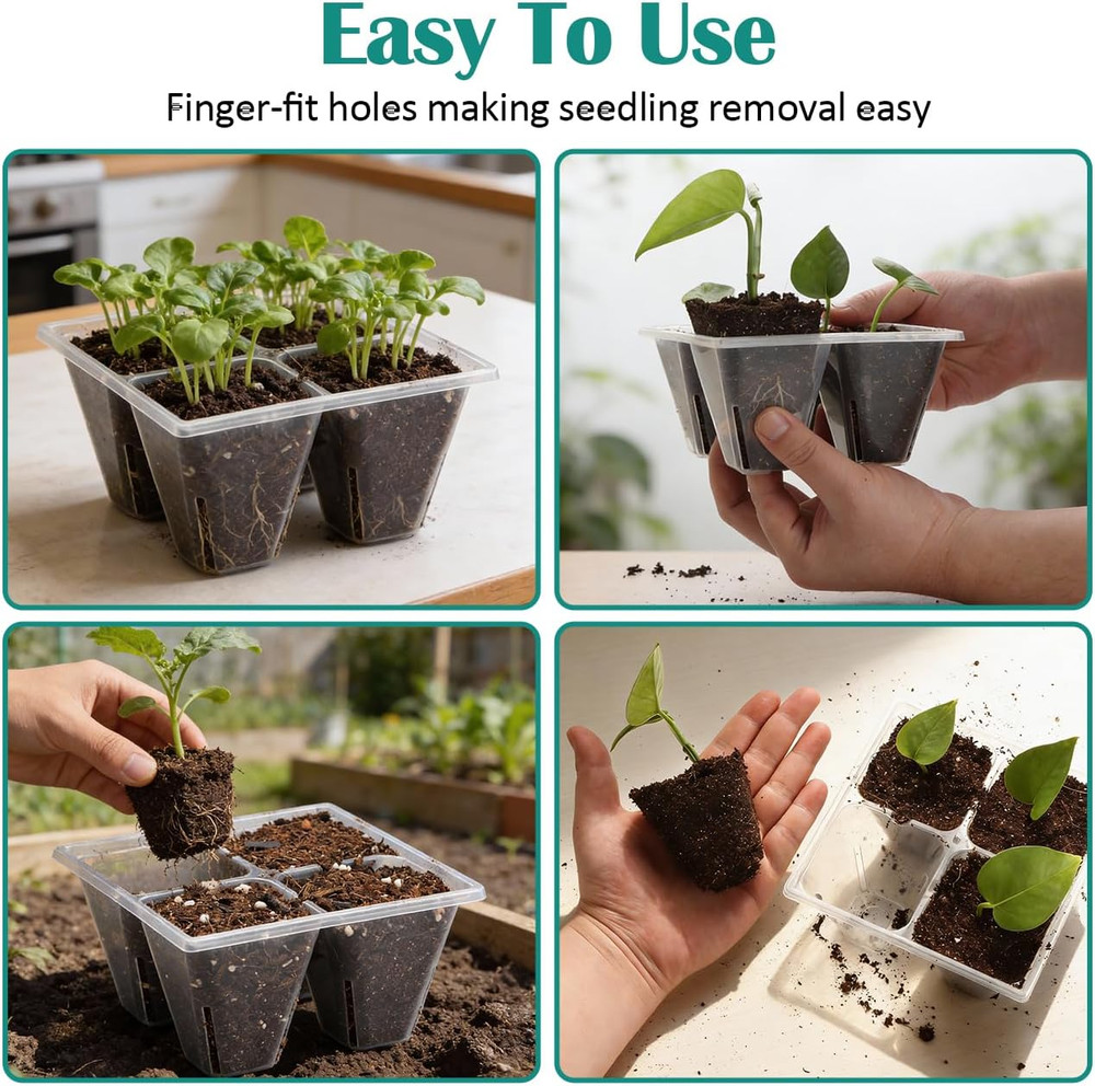 80 Pack Reusable 4-Cell Clear Seed Starter Trays - Extra Large Drainage Holes, E