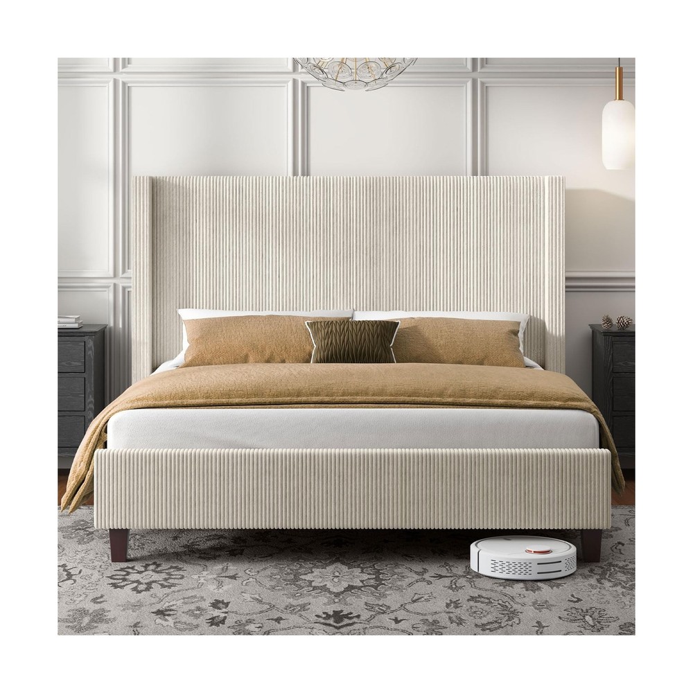HOWE King Size Upholstered Platform Bed Frame, Wingback Bed with 50.8" Headbo...