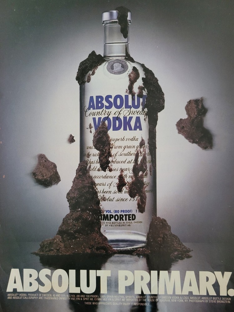 1996 Absolut Primary Vodka Bottle  Distillery Ad