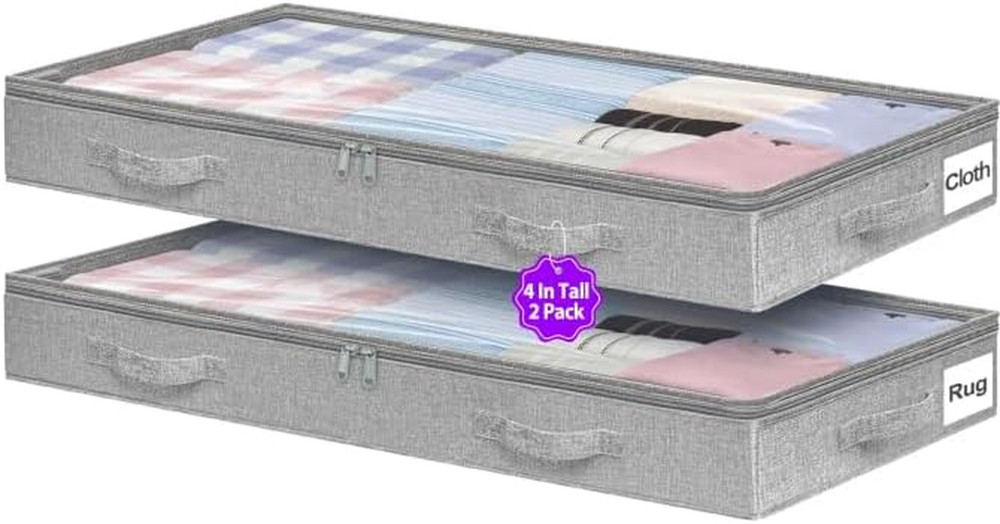 Under Bed Storage Containers, Foldable Low Profile Bags with Clear Lid, 2-Pack