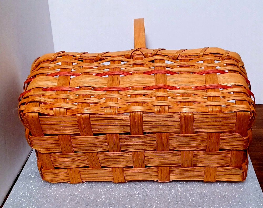Handmade Rectangular Basket with fixed Handle Red and Tan 11" x 5.5" Vintage