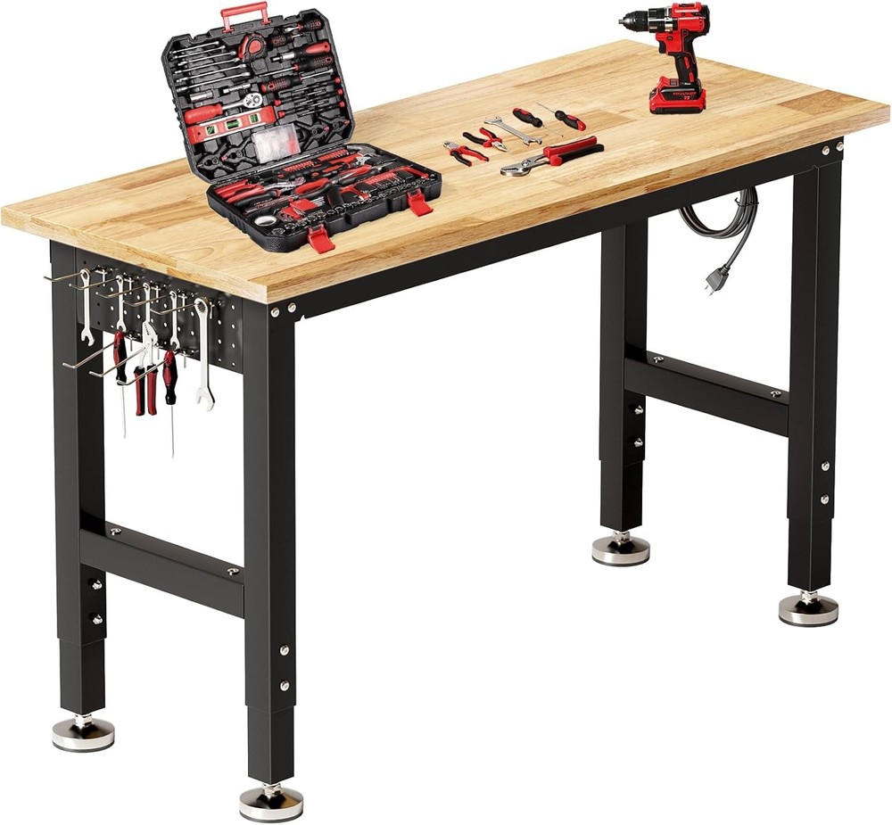 48" Adjustable Work Bench with Power Outlet,Rubber Wood Top Work Table,2000 LBS