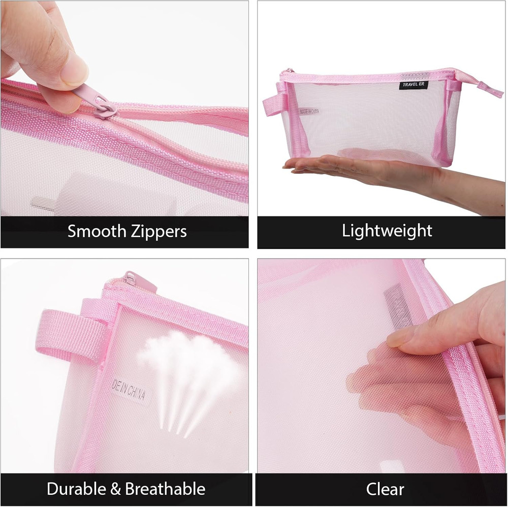 2-Pack Grid Mesh Pencil Case with Handle and Zipper, Double Layer Clear Pencil P