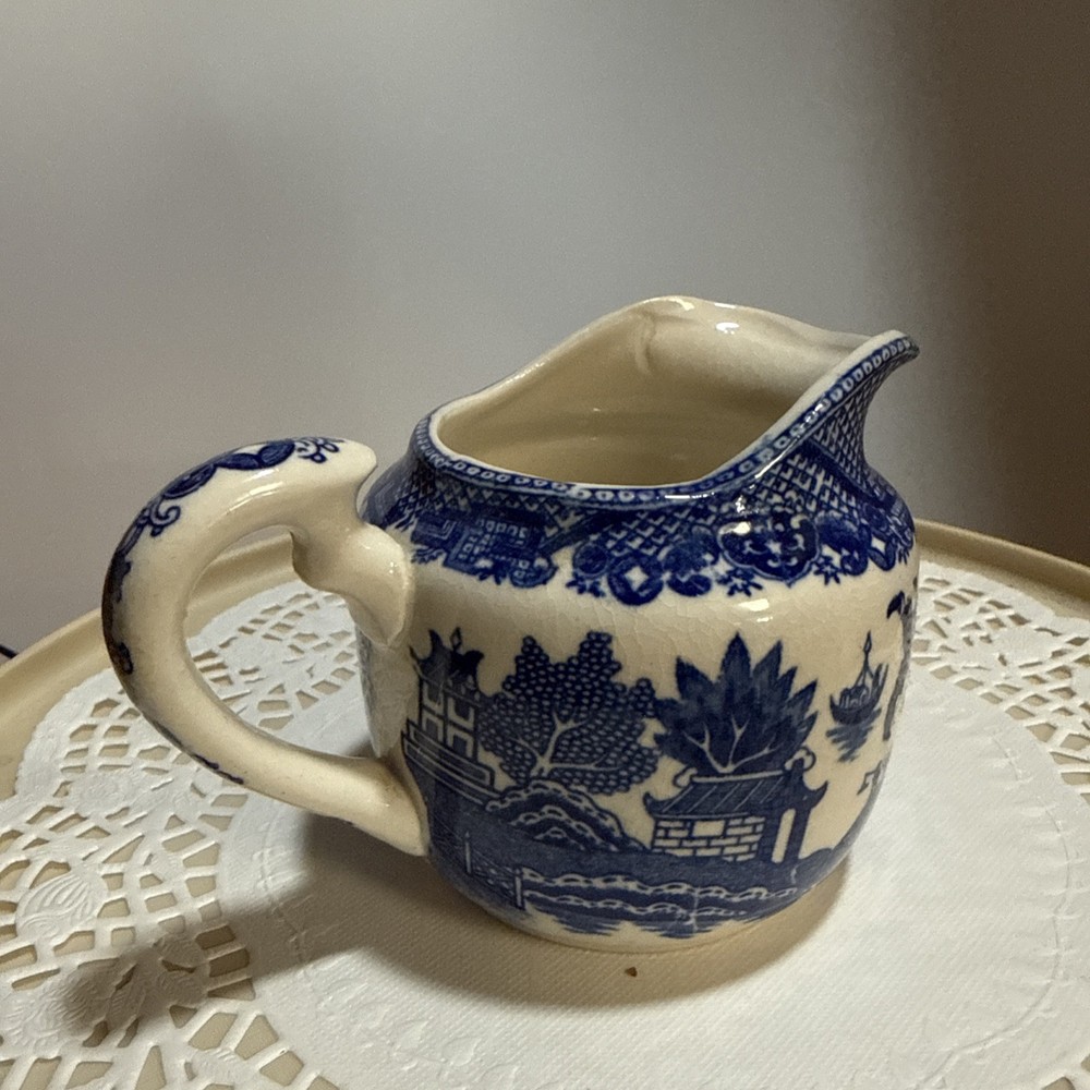 Vintage Blue Willow Creamer Japan Blue White Ceramic Transferware Pitcher 3"