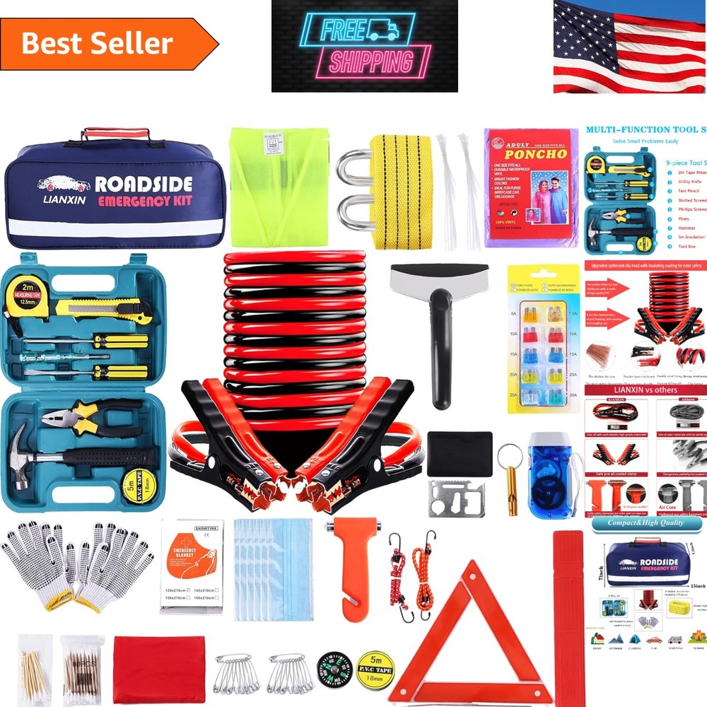 Durable Roadside Assistance Kit with Tools, Jumper Cables & Survival Tools