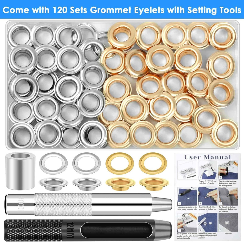 120 Sets Grommet Tool Kit 1/2 Inch, Grommet Eyelets Kit with Setting Tools and