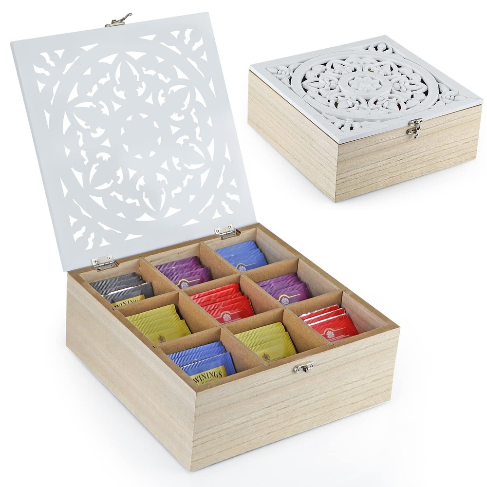 Wood Tea Bag Organizer 9 Compartment Tea Storage Box with Floral Pattern Lid