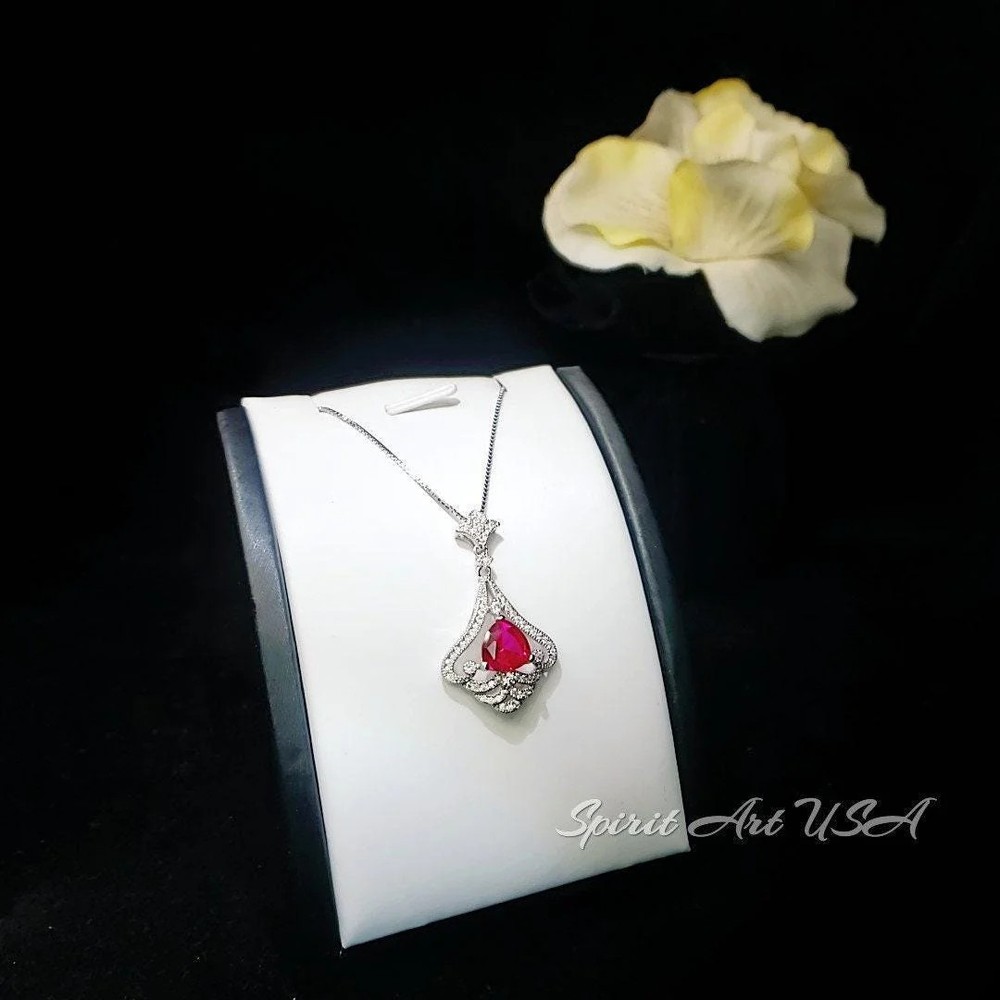 Mandolin flower Red Ruby Necklace - 1.2 ct Trillion Cut Red Ruby Pendant -