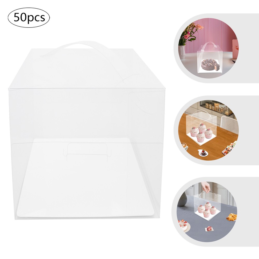 50 Pcs Clear Cake Boxes, Square Clear Cake Boxes, Cake Carrier with Handle