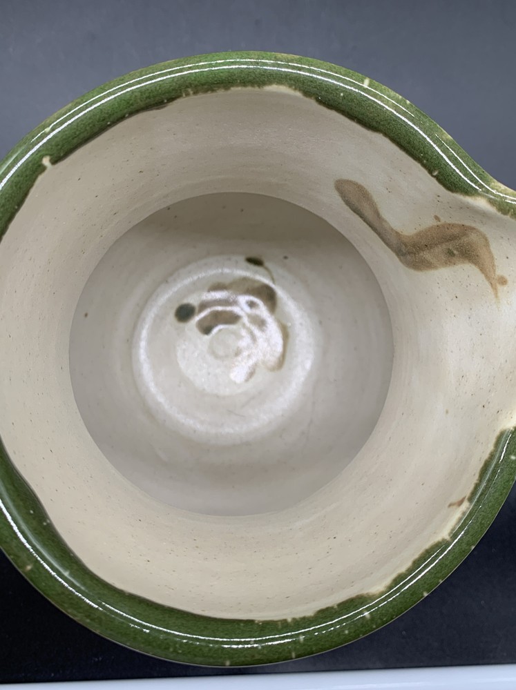 Studio Art Pottery Pitcher Ivory Green Glaze Leaves Signed