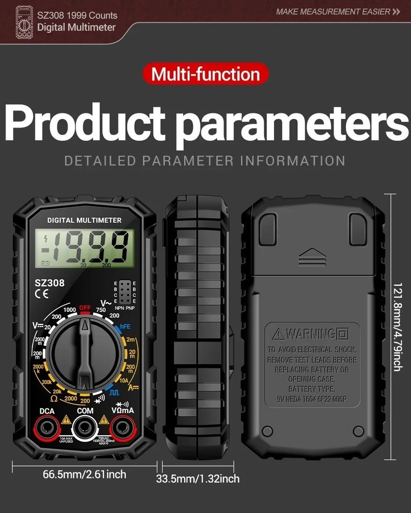 Digital Multimeter LCD Voltmeter Ammeter Ohmmeter Volt AC DC Tester Leads Meter