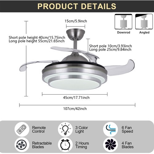 42" Retractable Ceiling Fan Lamp Dimmable LED Chandelier w/ Light Remote Control