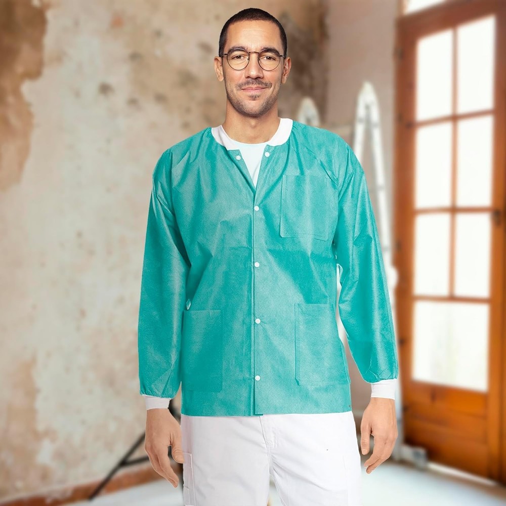 Disposable Lab Jackets 45 GSM SMS. Hip-Length Snap Front Jacket with Knit Cuf...