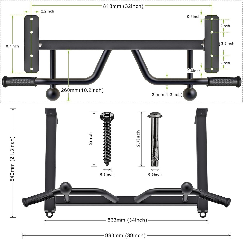 Kipika 32" Ceiling Mounted Pull Up Bar - Heavy Duty, Highly Adjustable, Black