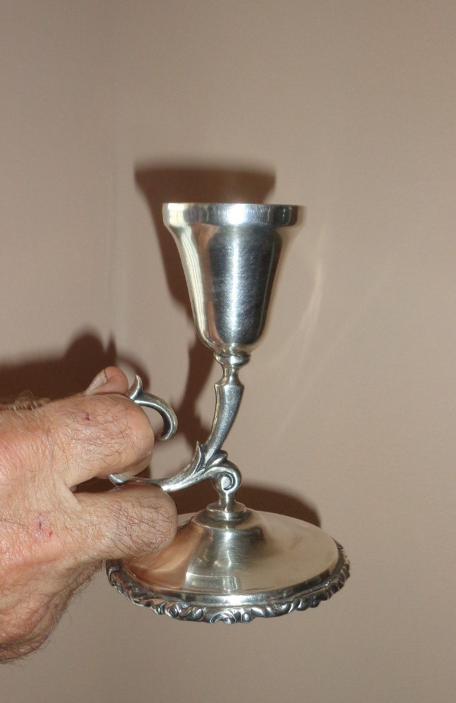 Pair Mexican Sterling Silver Chamberstick Candlestick Scroll Handle 398 Grams