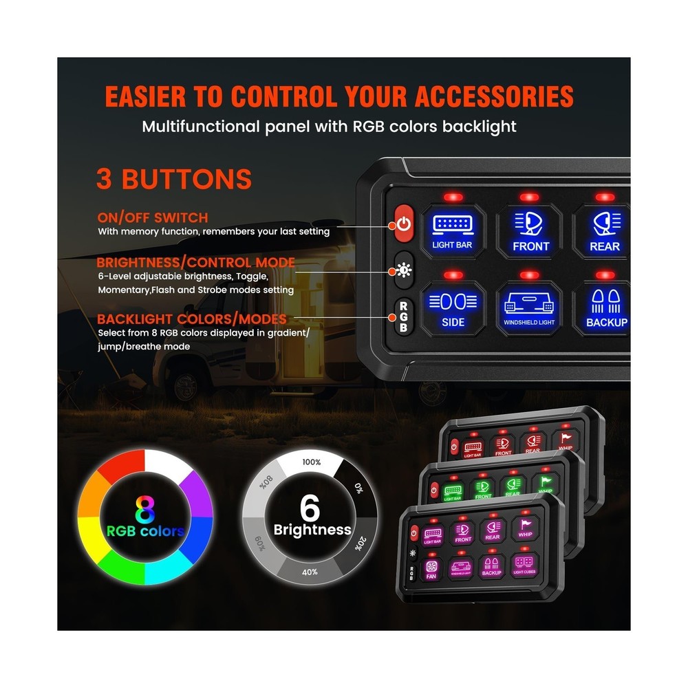 SUPAREE 8 Gang Bluetooth RGB Switch Panel,Toggle Momentary Flash Strobe Memor...
