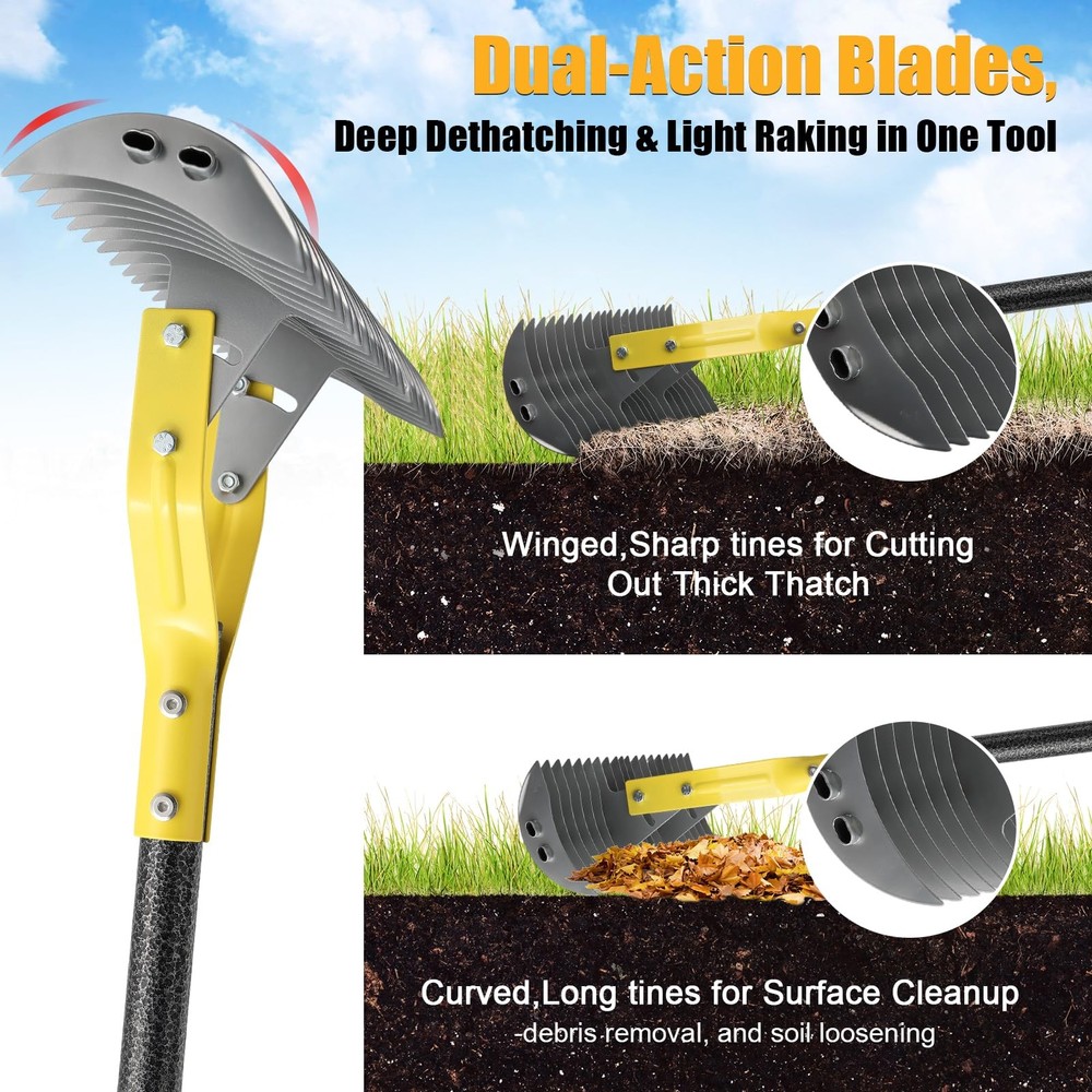Heavy Duty Thatch Rake for Lawns -15"Dual-Action Dethatcher Thatching with Sharp