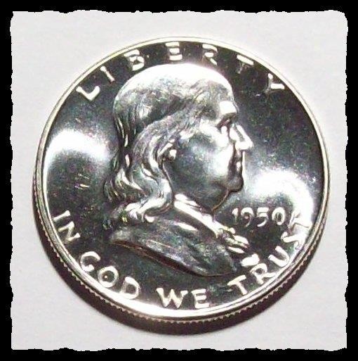 1950 FRANKLIN HALF DOLLAR  Mirrored Fields Sharp GEM PROOF #25D69 .9 SILVER COIN