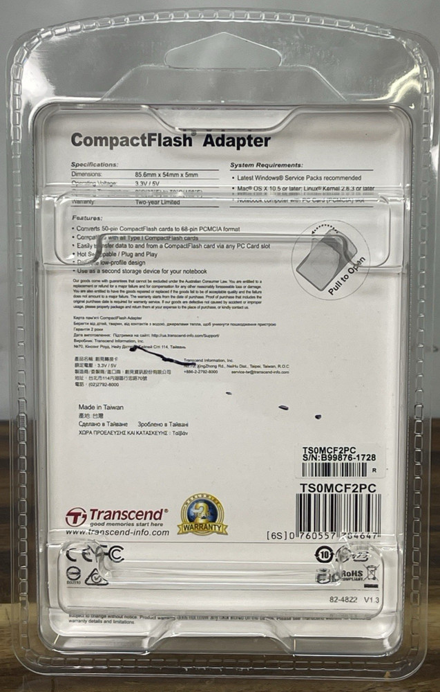 Transcend CompactFlash Adapter TSOMCF2PC NEW in sealed package