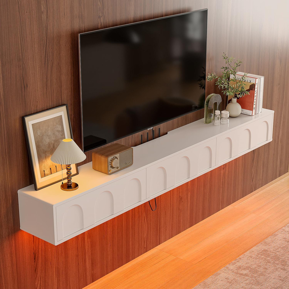55'' Cream White Floating TV Stand - Fully Assembled Wall Console