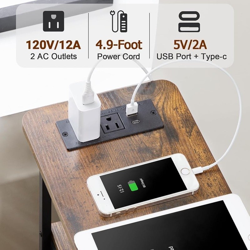 Compact End Table W/ USB Charging Station & Drawer Storage Small Spaces