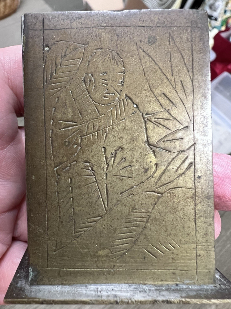 Solid Brass Match Box Holder Stand w Side Stricker Man & Fruit Design