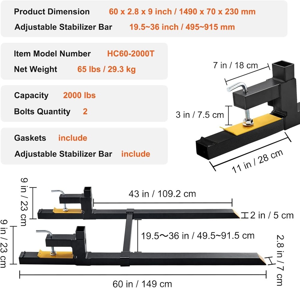 Versatile Loader Pallet Forks - 2000 lbs Capacity with Stabilizer for Tractors