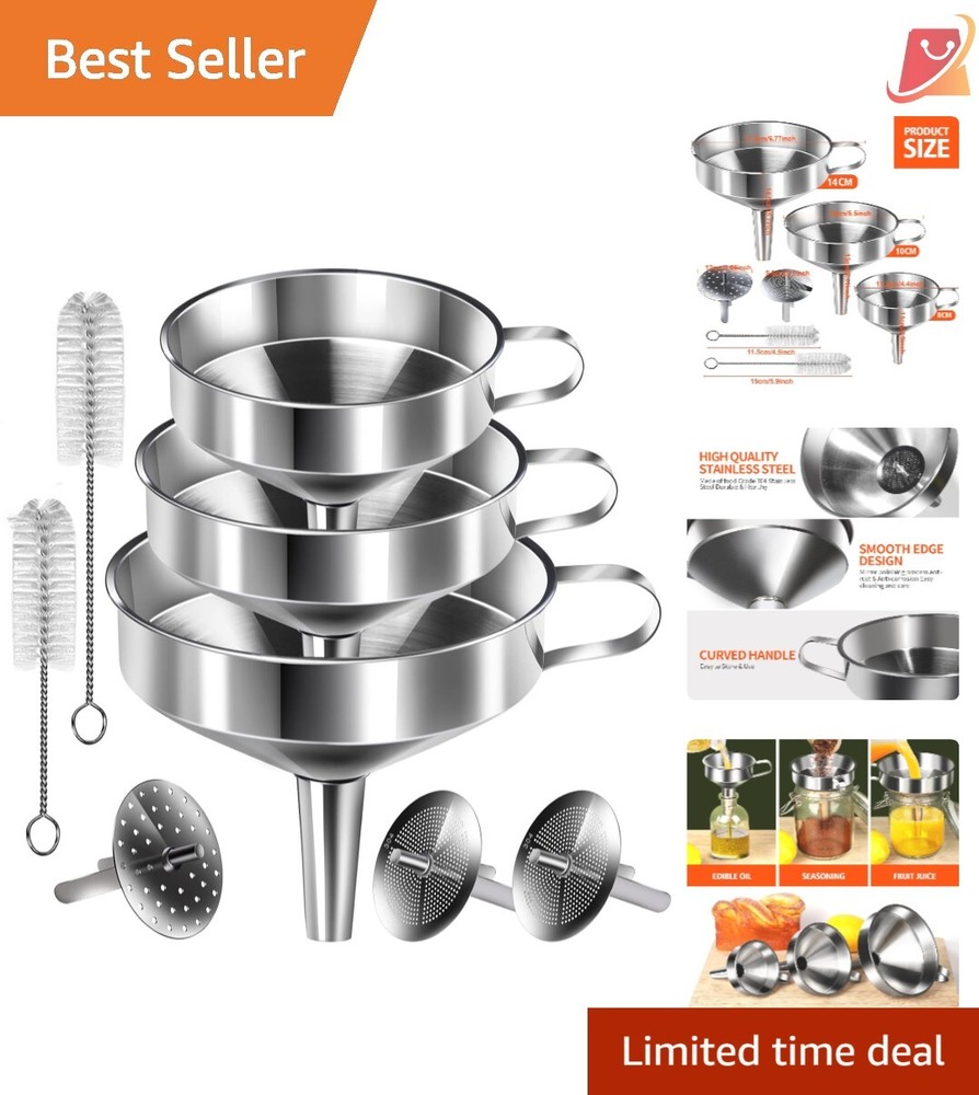 Stainless Steel Funnel Set 3PCS Large Kitchen Tool with Strainers & Brushes