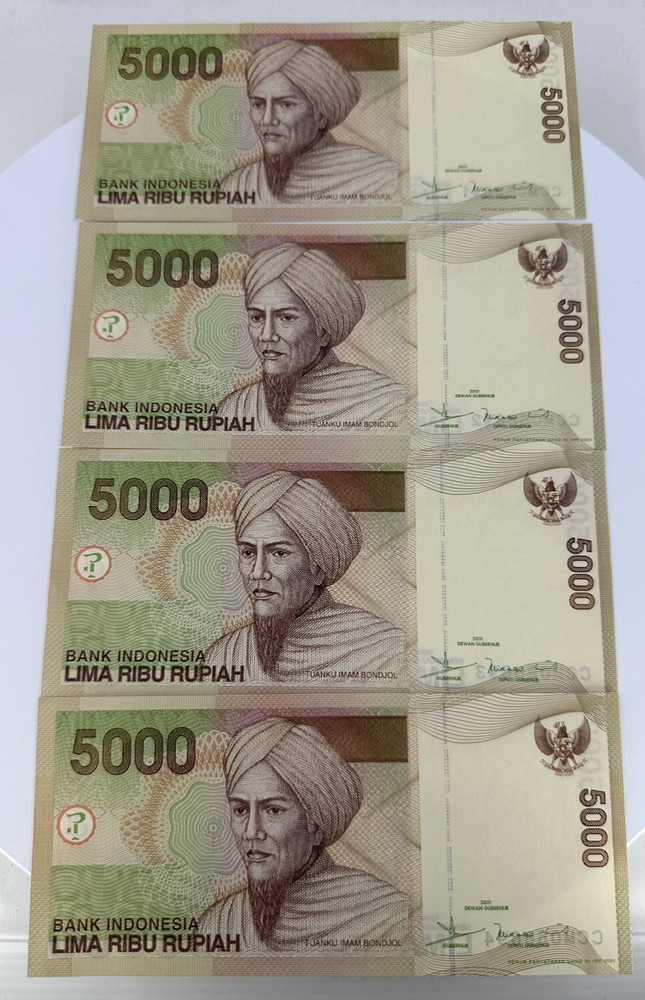 2001 Indonesia 5000 Rupiah p142a 4pc sequential UNC
