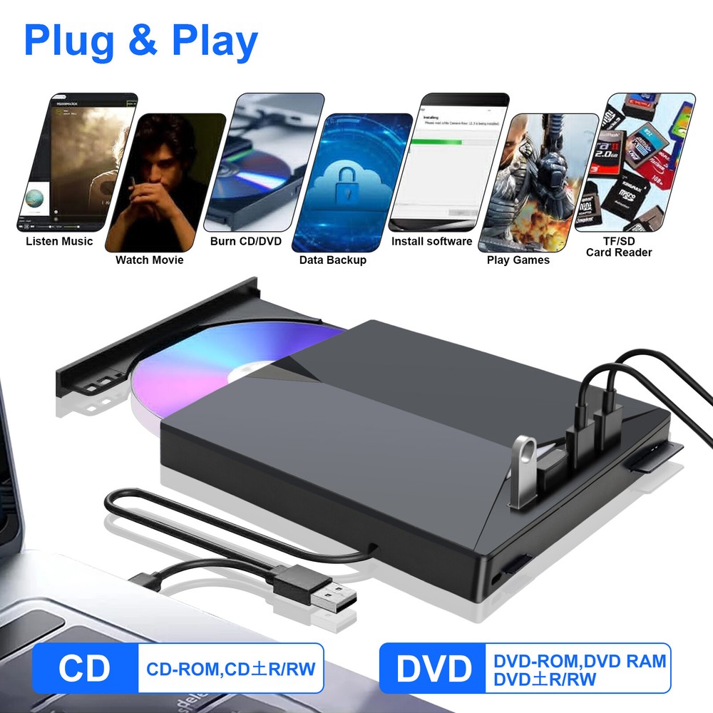USB 3.0 External CD DVD Writer Drive Burner Reader Player for Windows 7/8/10/11