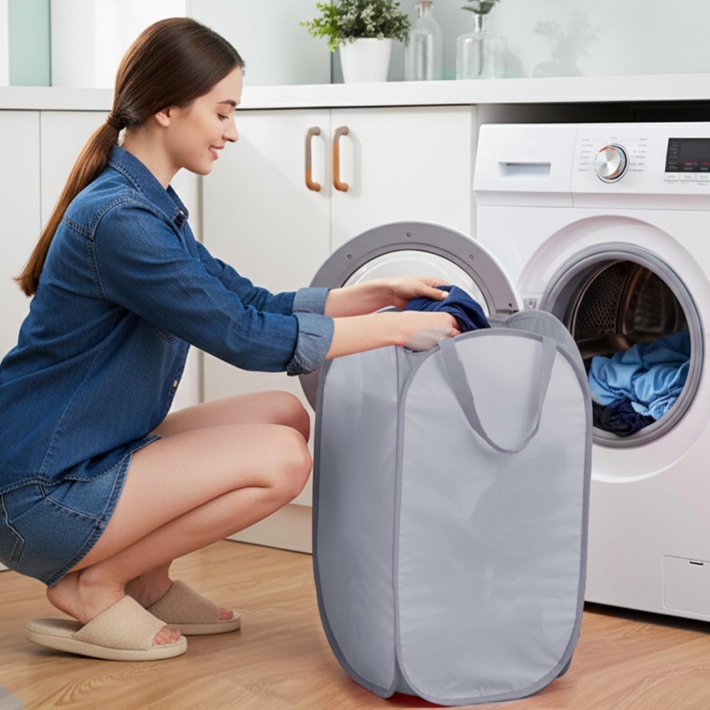 Sturdy Collapsible Laundry Baskets with Side Pocket, Pop Up Laundry Hamper Li...