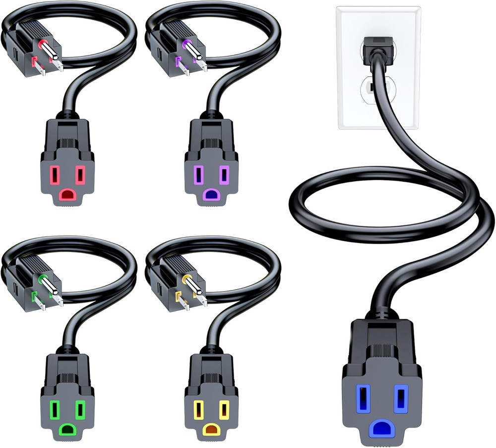 Maximm Extension Cord 5 Pack, 0.5 Ft Black with Multicolor Indicators Indoor