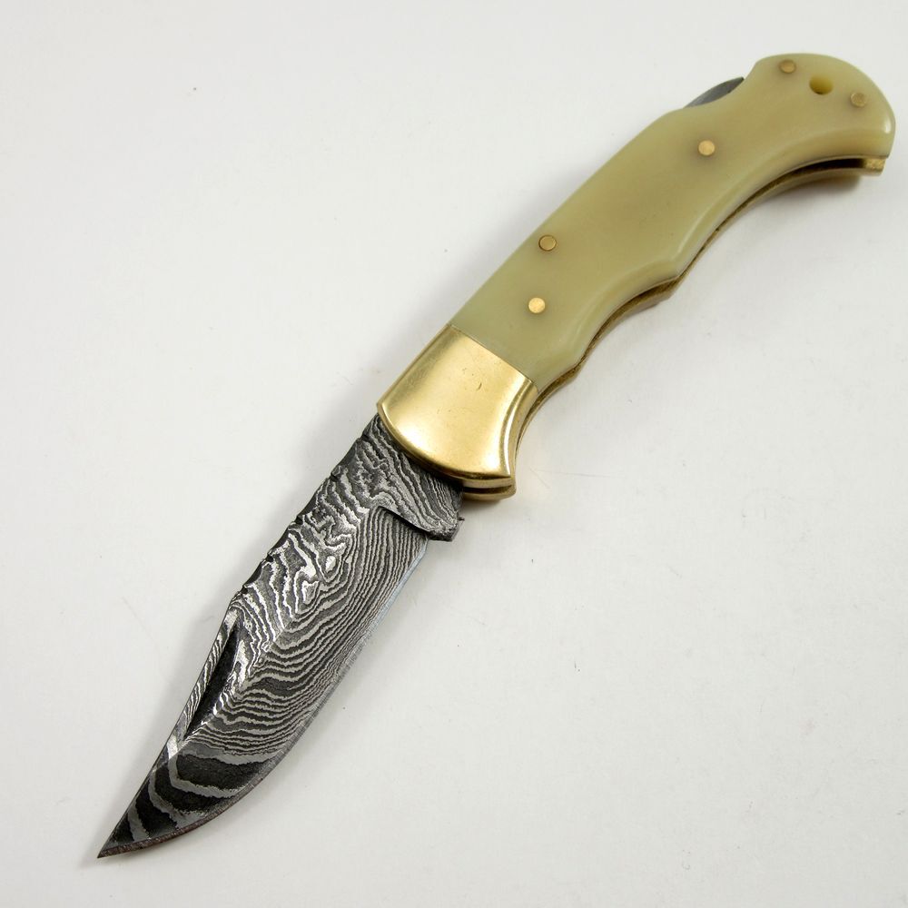 FOLDING POCKET KNIFE | Damascus Steel Blade Filework Spine Bone Handle Lockback