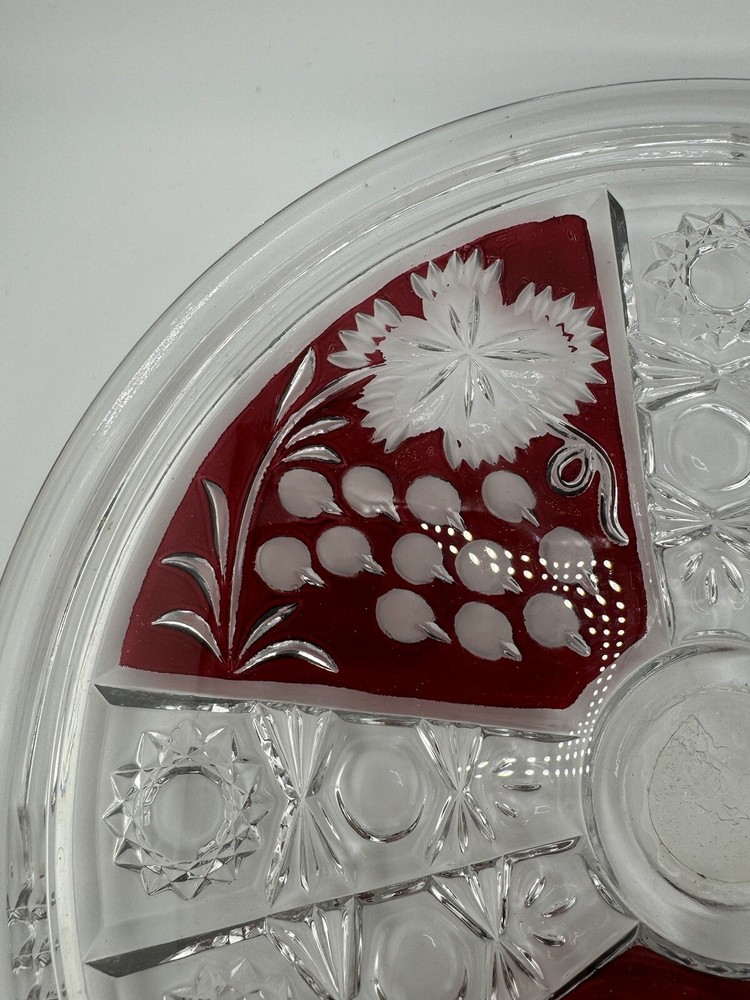 Vintage Ruby Czech Cut Glass Flat Cake Plate Read 12"