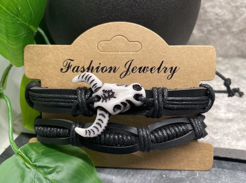2 PC PU Leather Bracelet Set Stackable Adjustable Tie Free Ship Bull B3343