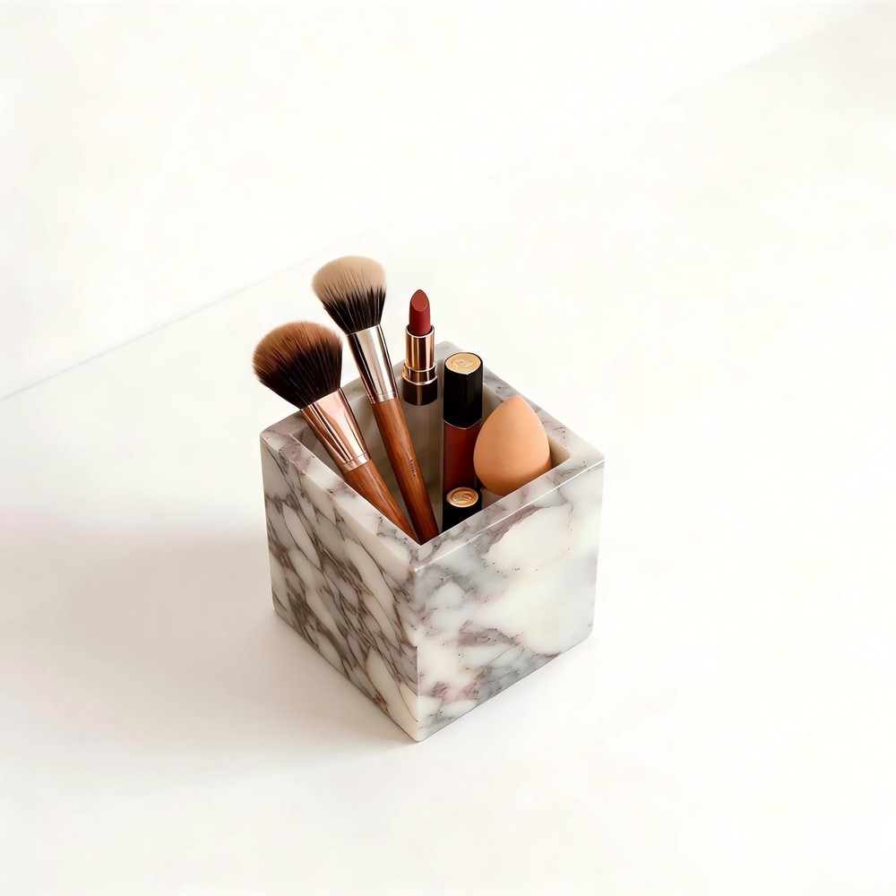 Marble Pen Holder, White Stone Rectangular Desktop Organizer, Office Study Ma...