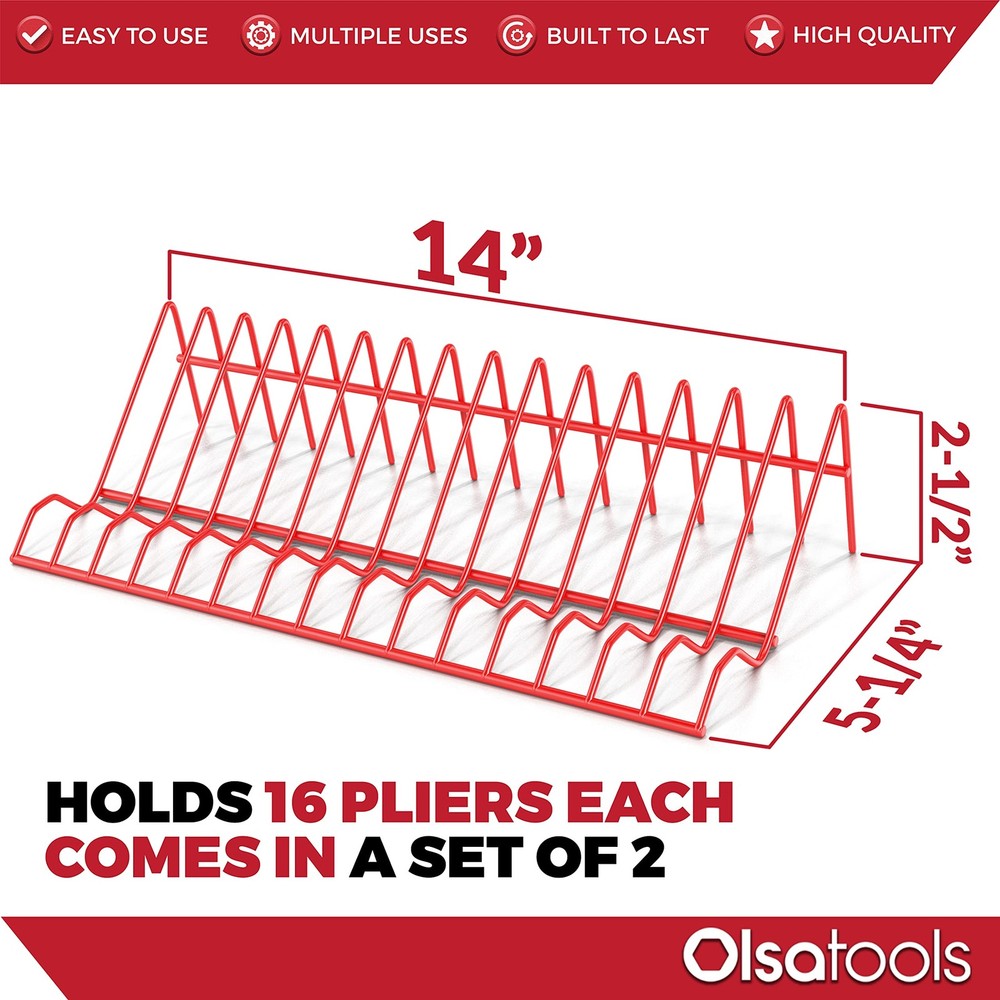 Olsa Tools Plier Organizer Rack - 2pc Set for 2 Racks - 16 Slots Each, Red