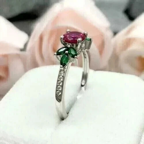 2Ct Round Lab Created Red Ruby Engagement Wedding Ring 14K White Gold Plated
