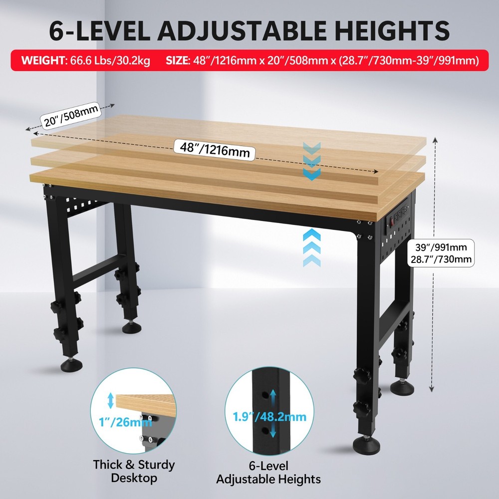 48"Rolling Adjustable Heavy Duty Workbench with Rubber Wood Top Working