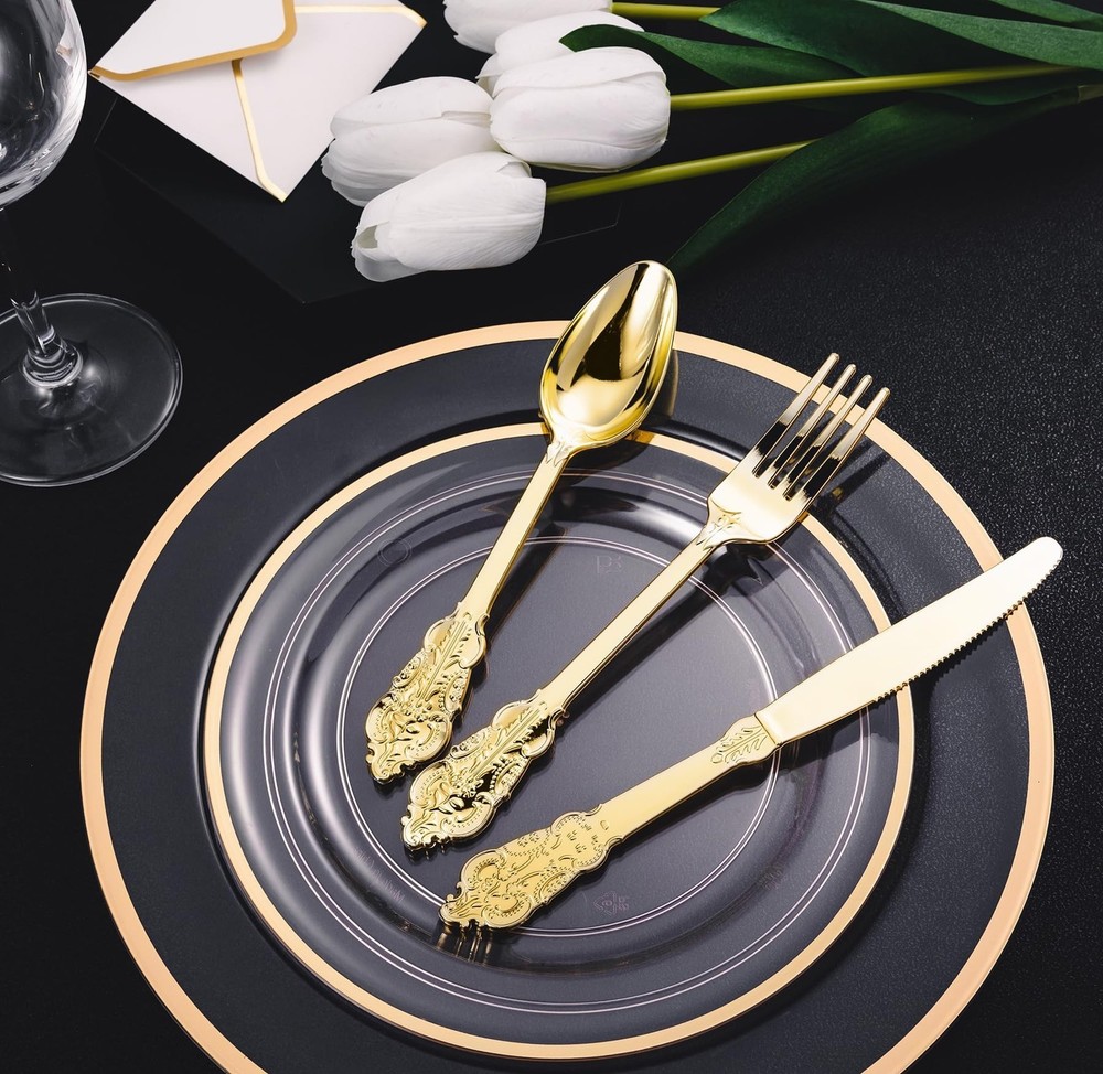 N9R 120PCS Gold Plastic Silverware, Disposable Silverware Include 40 Forks, 4...