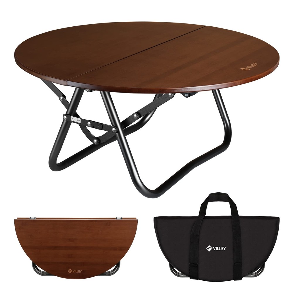 Bamboo Round Folding Table, Camping Half-fold Portable Table with Carrying Ba...