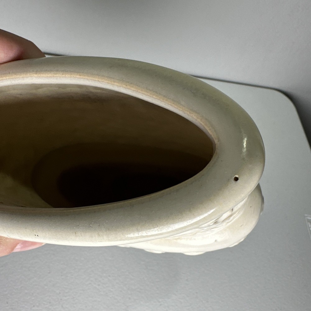 MCM Pottery Ceramic Planter Oval Off White Glazed Scroll Leaf Design Shabby Chic