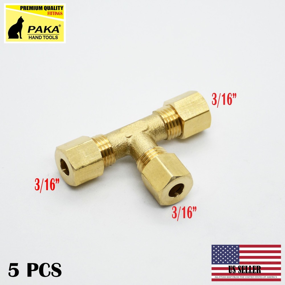 5 PCS – 3/16"  Brass Compression Fitting Tee Union