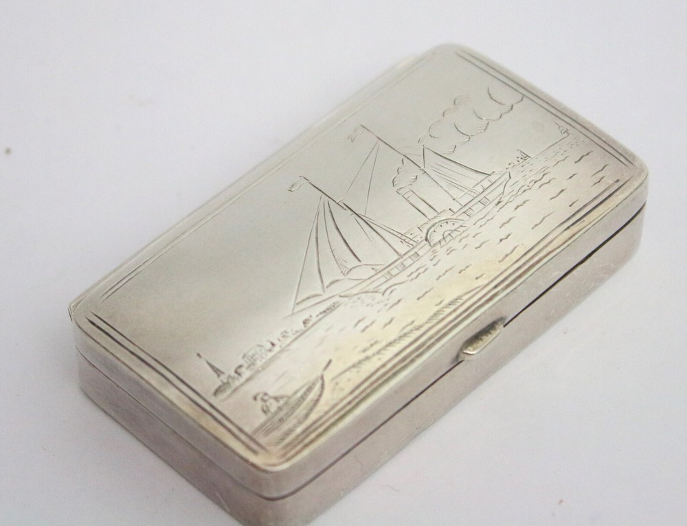 Sterling solid silver stamp box with paddle steamer engraving Elizabeth II