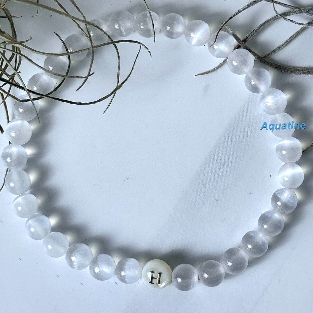 Selenite 6mm Natural Crystal Bead Initial Stretch Bracelet CUSTOM SIZING