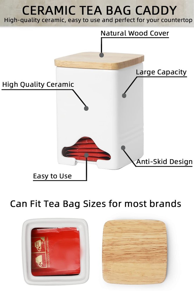 Ceramic Tea Bag Storage Organizer Caddy Holder With Lid white