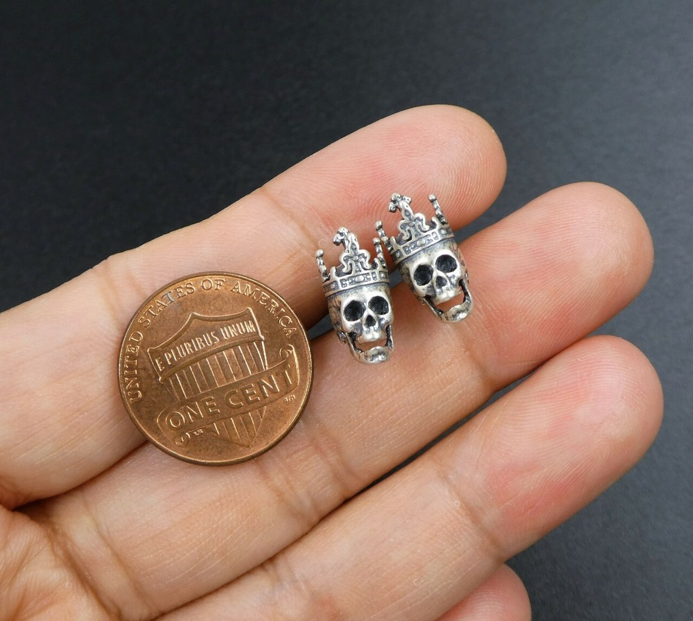 925 Sterling Silver Skull Crown Small Stud Post Earrings Great Details Gothic