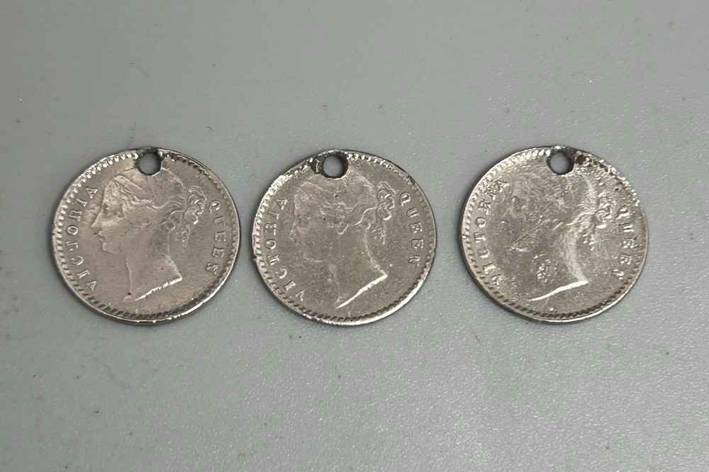 Three 1841 Silver 2 Annas Coins - Drilled
